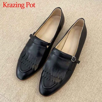 

Krazing Pot Korean style popular genuine leather slip on loafers shoes solid fringe buckle round toe beauty lady cozy pumps L05