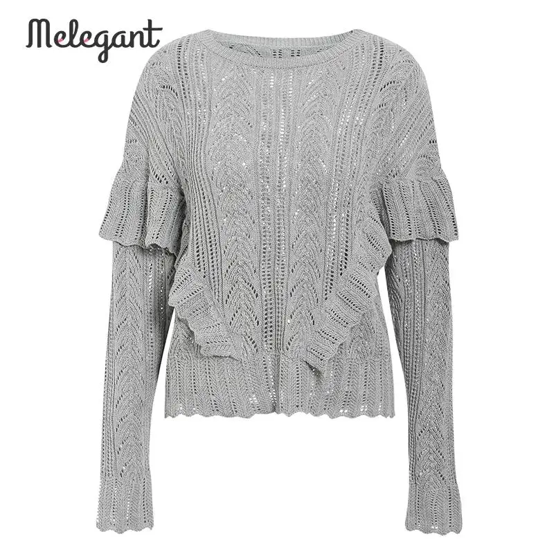 Melegant Knitted Sweaters 2019 Fashion Hollow Out Crochet Pullovers Women Autumn Winter Female Ruffles Long Sleeve Jumpers Tops