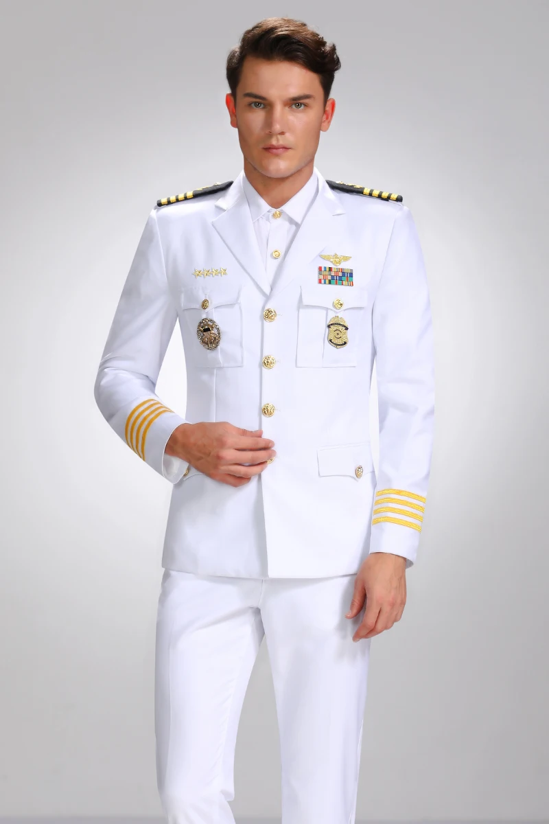Мужские Роскошные комплекты униформы Admiral темно-синий корабль карнавальный костюм матроса сценический костюм белый свадебный военный костюм