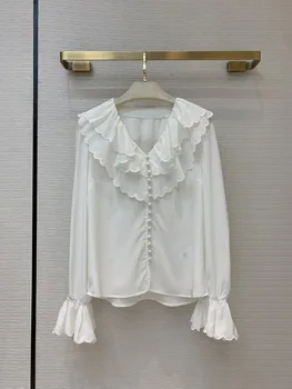 

2020 New Autumn Winter V-neck Ruffled Flare Sleeve Silk Shirt Women Free Shipping