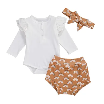 

autumn baby Kids Girl long sleeve Romper Fall Shorts Suit Sun Rainbow Printed O-Neck Ruffle Sleeve Casual Headband 3 Pieces set