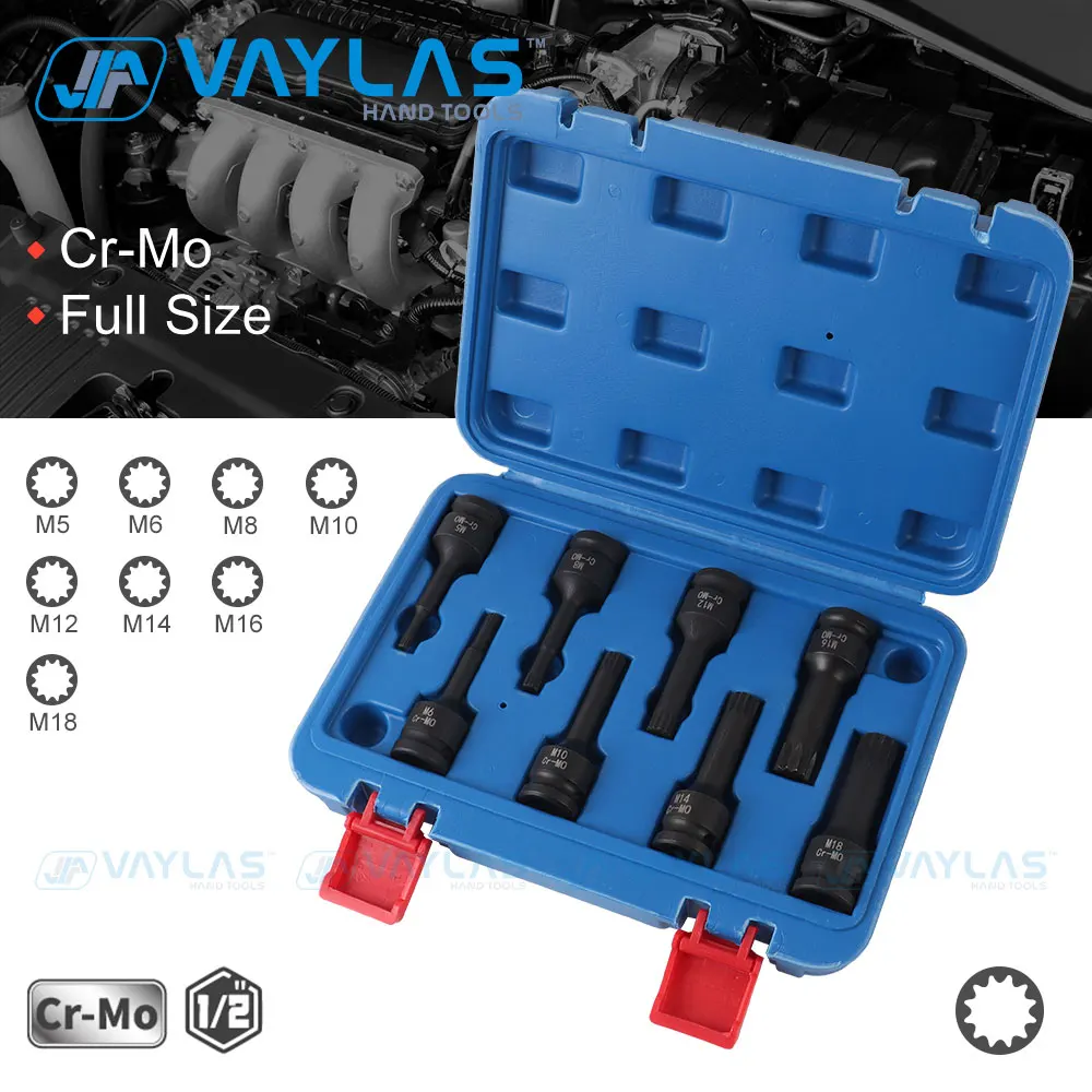 1/2inch Impact Spline Socket Bit 8Pcs 1/2" Drive Spline Screwdriver Bits M5M18 Sizes Spline