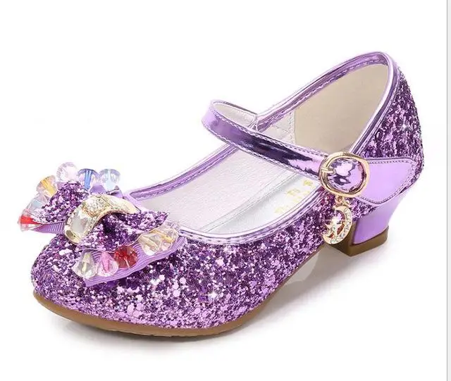Детская кожаная обувь принцессы для девочек; Повседневная блестящая детская обувь на высоком каблуке с бантом-бабочкой; цвет синий, розовый, серебристый - Цвет: Lavender
