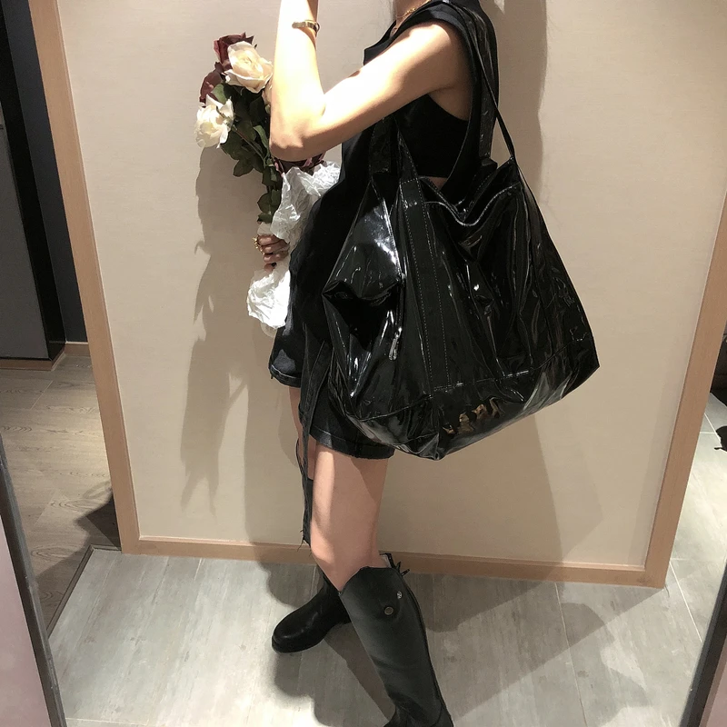 Брендовая дизайнерская большая Повседневная Сумка-тоут, водонепроницаемые дорожные сумки из лакированной кожи, роскошные женские сумки, простая сумка на плечо для покупок - Цвет: Black With Zipper