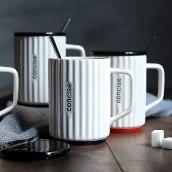 

Simple office creative nordic couple coffee mug with lid spoon household ceramic water cup YHJ032202