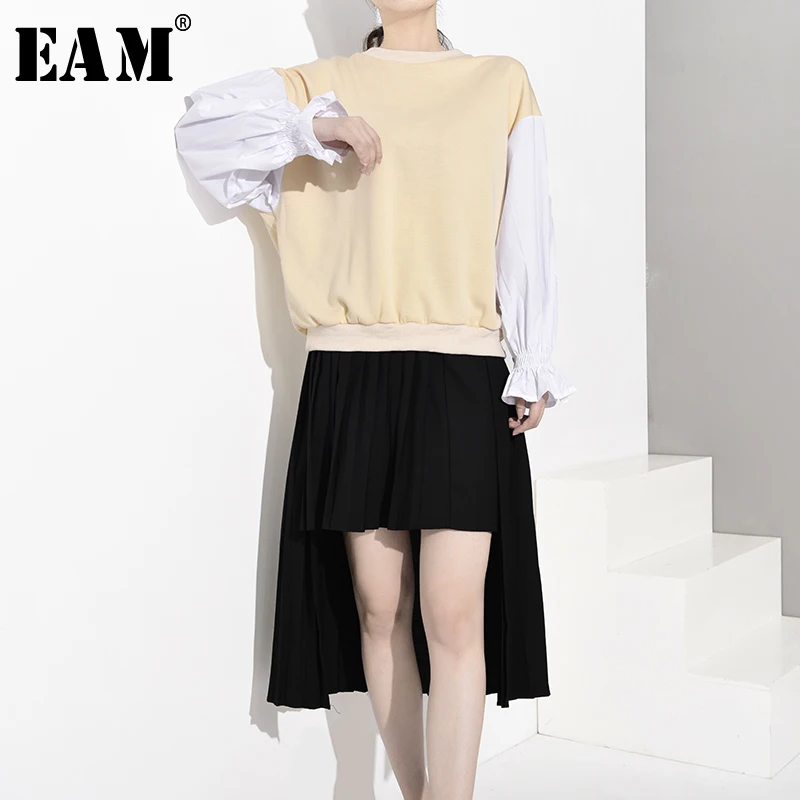 

[EAM] Loose Fit Contrast Color Pleated Sweatshirt New Round Neck Lantern Sleeve Women Big Size Fashion Autumn Winter 2019 YF0081