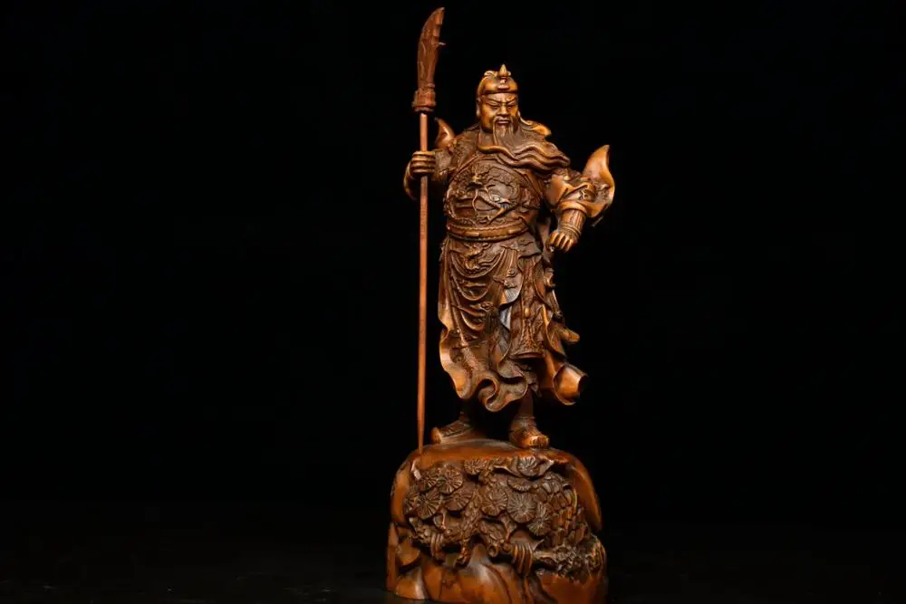 7 "Collezione Tempio Tibetano Old Boxwood Guan Gong Guanyu Gate God Statue God Of War Wood Carving Guan Gong Knife