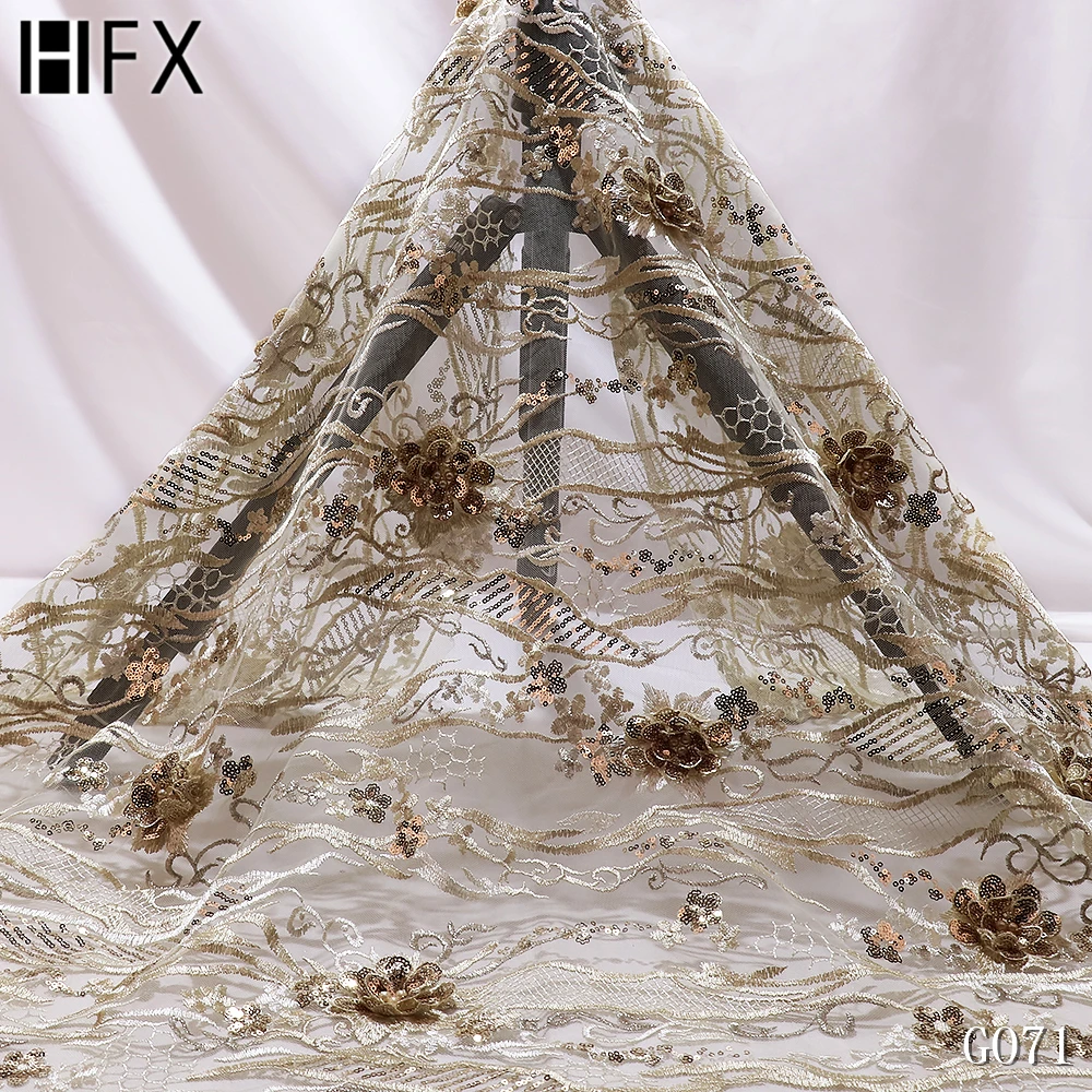 HFX Latest 3D flower Sequins Lace Fabrics High Quality African French Tulle Mesh Lace Fabrics with Sequin for Wedding dress G071