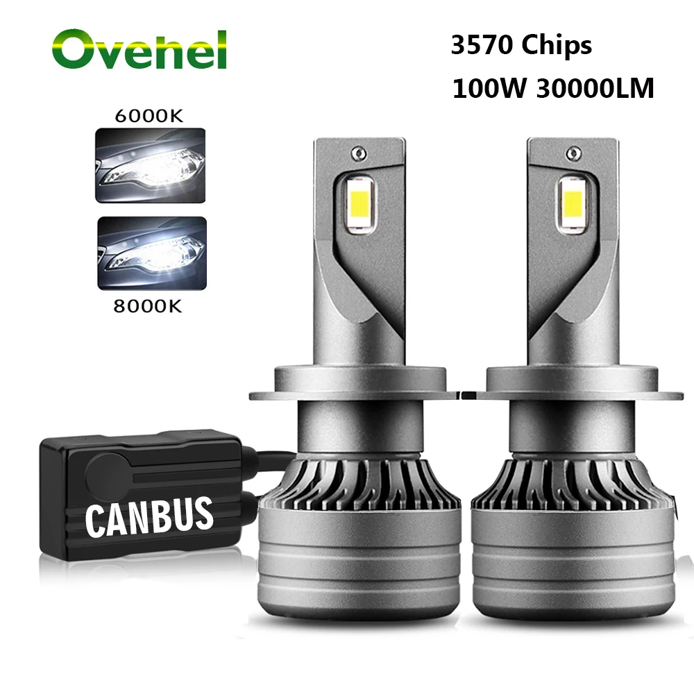 OVEHEL 2Pcs 100W 30000LM Car Led Headlight H1 H4 H7 LED Canbus H8 H9 H11 9005 HB3 9006 HB4 High Beam Auto Lights Bulb Turbo | Автомобили и