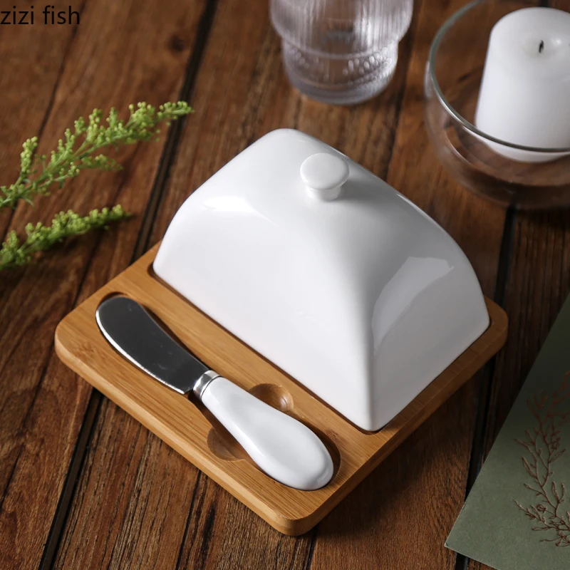 Ceramic Butter Dish with Knife Set Bamboo Wooden Tray Household Luxury Art White Cake Dessert Plate Lid | Дом и сад