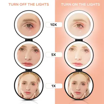 

Lurrose 1PC Tri-fold Cosmetic LED Mirror Portable Round Makeup Mirror 1x/5x/10x