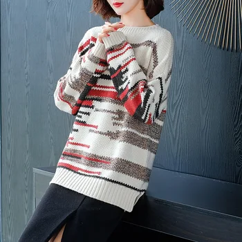 

2019 New Style Fashion Clip Color Colored Thread Sweater Autumn and Winter Mid-length Loose-Fit Sweater Women's Large Size Tops