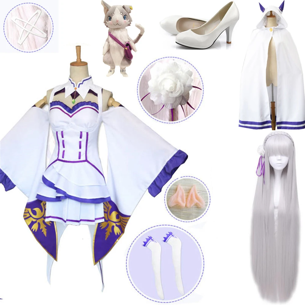 10 шт./компл. платье Emilia Re Zero наборы для косплея парик Для женщин Платье Эмилия