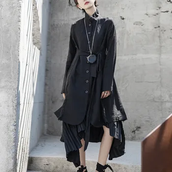 

simple Women Black Asymmetrical Split Joint Trench New Stand Collar Long Sleeve Loose Fit Windbreaker Fashion Spring 2020 1R597