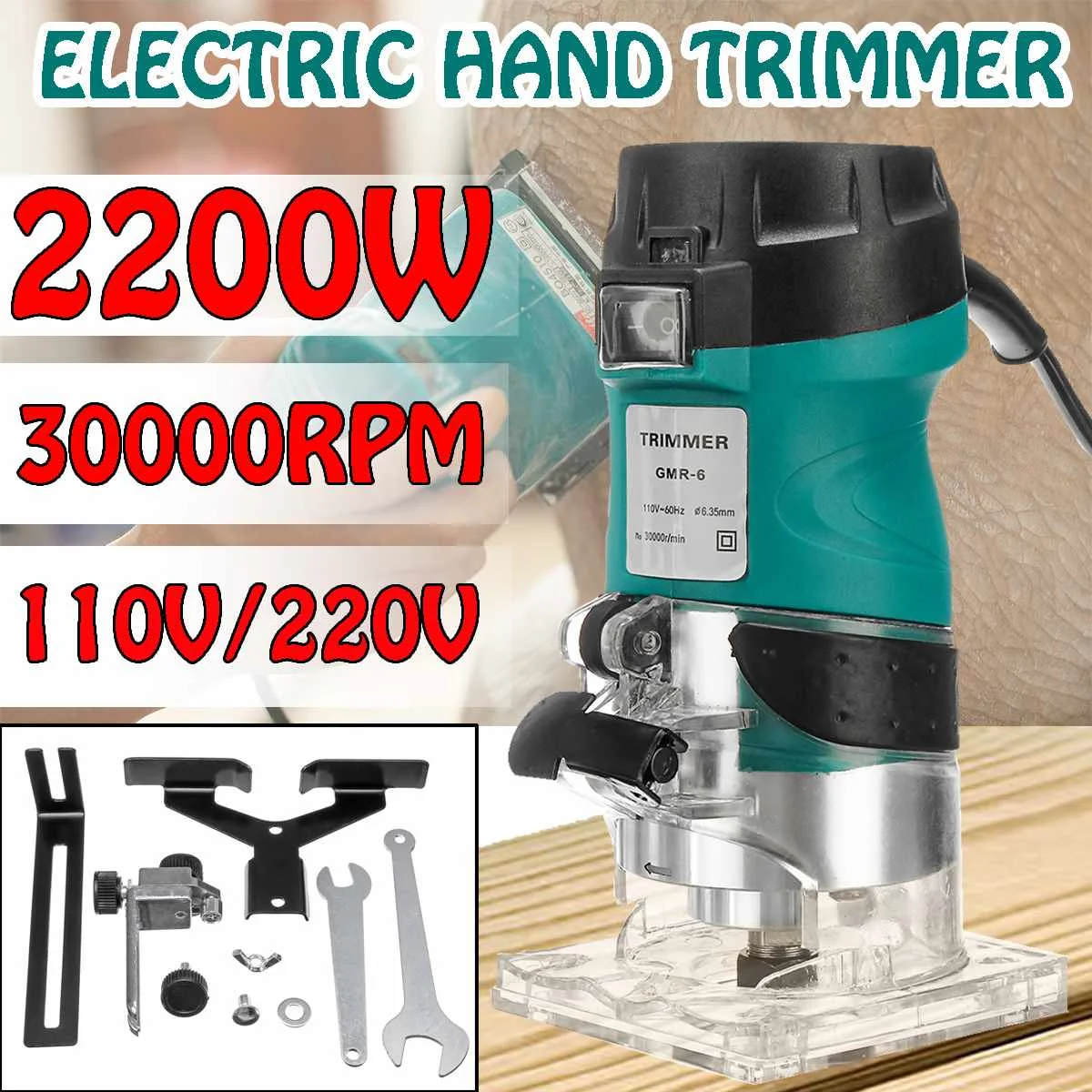 

220V 30000Rpm Green Woodworking Electric Hand Trimmer 2200W Wood Laminate Palms Router Slotting Trimming Tool Sets