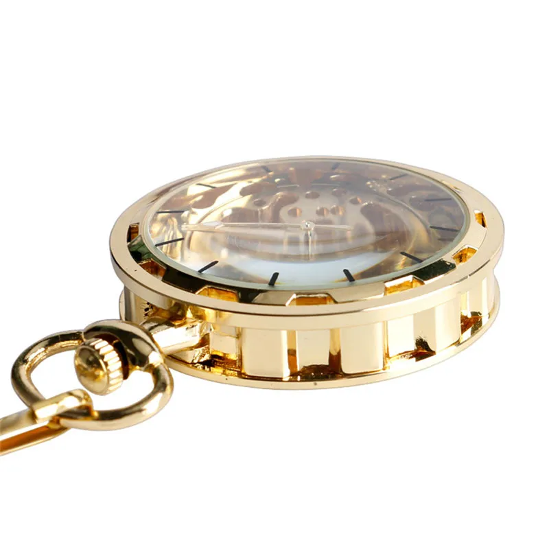Bronze Hand Wind Mechanical Pocket Watch Gold Transparent Skeleton Fob Chain Antique Clock Luminous Hands Gift for Men Women