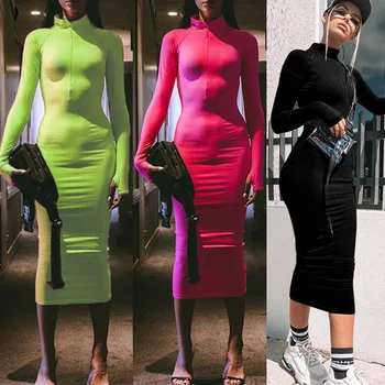 

Women Elastic Skinny Dress Autumn Long Sleeve Zipper Turtleneck Long Dresses Fa Shion New Femme Bodycon Slim Dress Vestidos