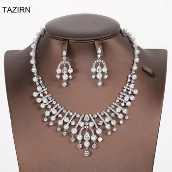 

Vintage Pearl Bridal Jewelry Sets For Women/Girls 2 Pcs Cubic Zirconia Dubai Necklace Drop Earrings Set For Wedding Party