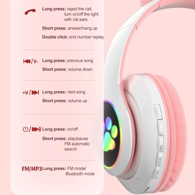 Bluetooth Headphone Pink Cat Ear Headset Wireless Headphones LED Light Stereo Music earpphones Girl Headset for PC