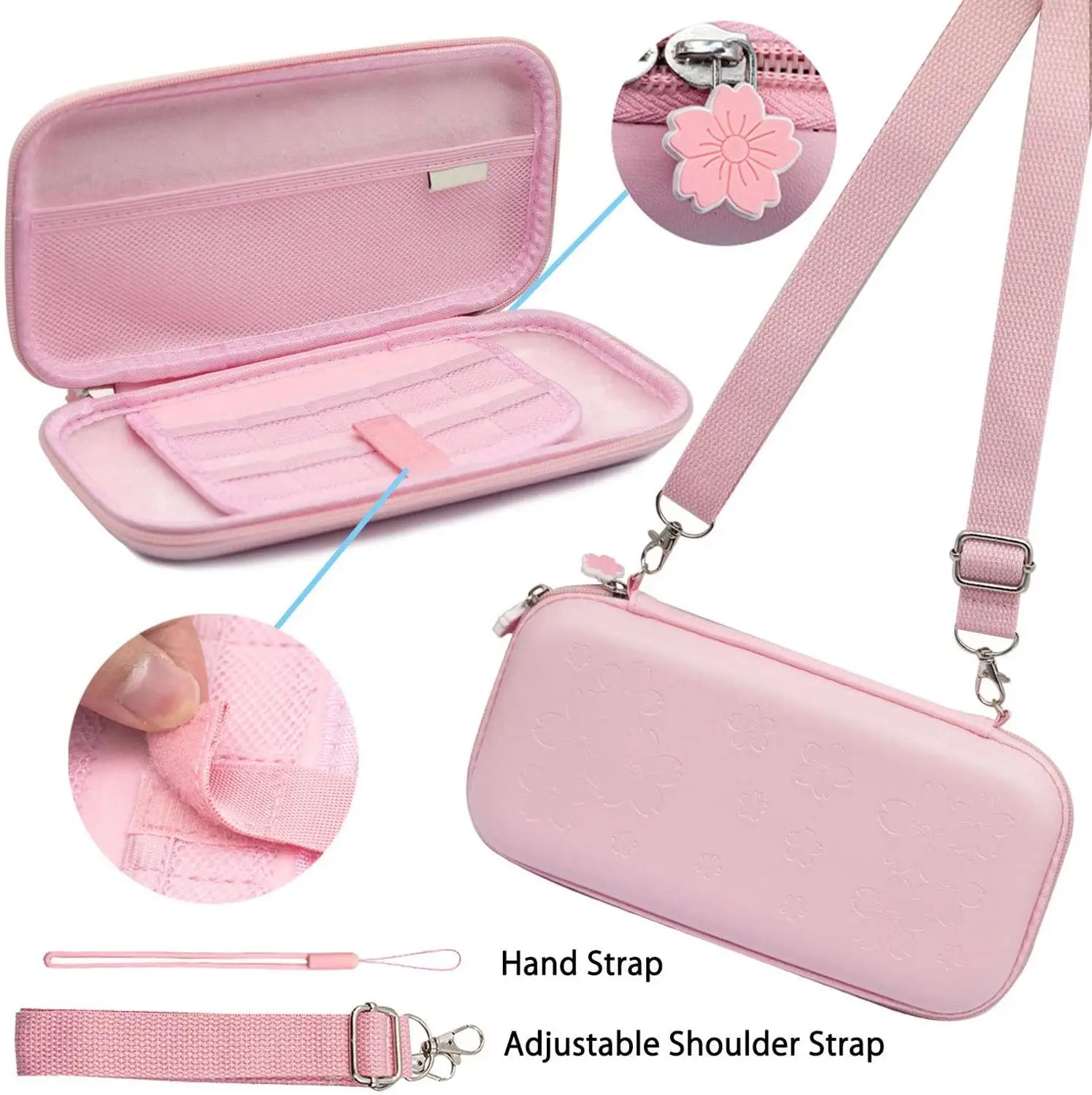 Viagem Carrying Case Acessórios Kit para Nintendo Switch Lite Console Suporte Protetor de Tela de Vidro Sakura Polegar Caps Aderência Rosa - Image 6