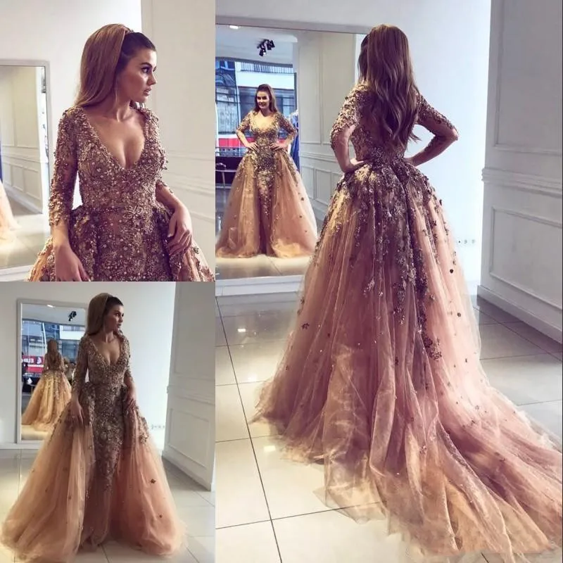 Luxe Mermaid Prom Jurken Met Over rok V-hals Parels Sequin Kralen Lange Mouwen Fashion Sexy Avondjurk 2020 prom dress Luxe Mermaid Prom Jurken Met Over rok V-hals Parels Sequin Kralen Lange Mouwen Fashion Sexy Avondjurk 2020 prom dress