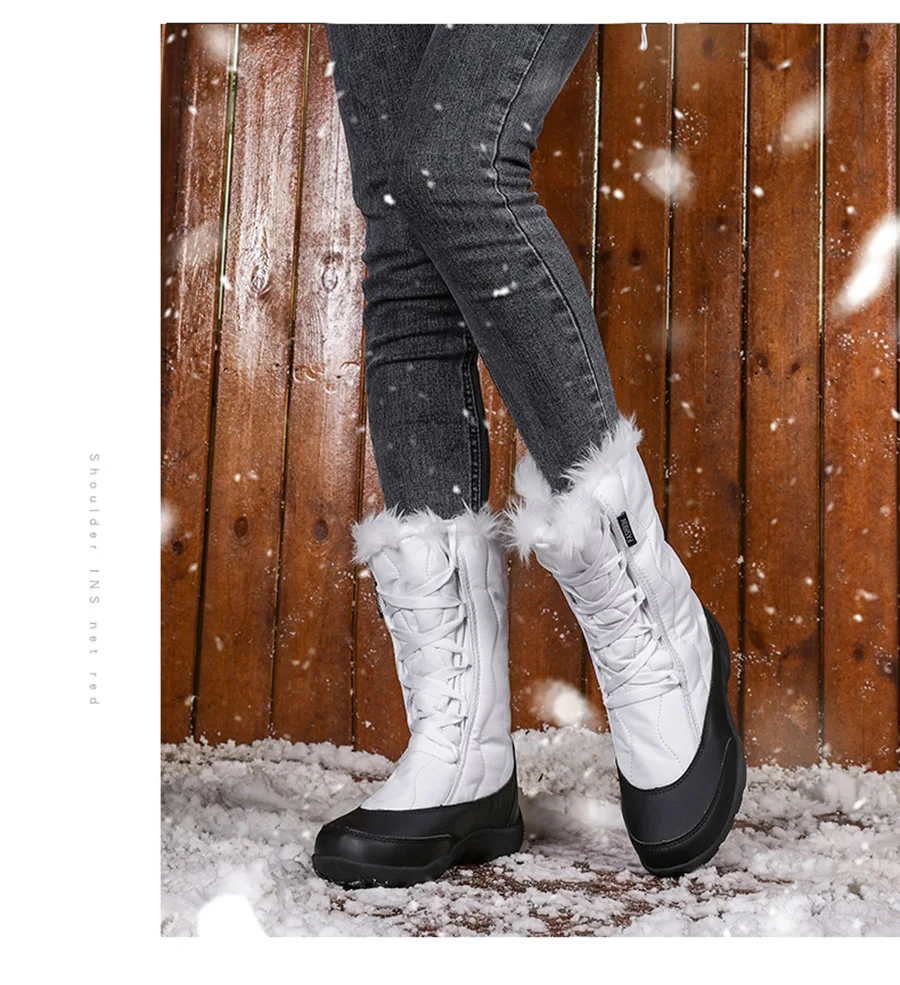 Femme Velours Doublure Talon Bloc Bottes de neige chaude Chaussures Taille Plus Bottes Mi-Mollet H