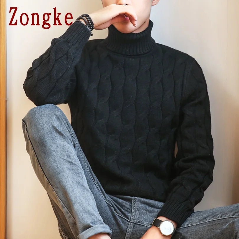 Zongke осенне-зимний Однотонный свитер с высоким воротом, мужской повседневный приталенный свитер, Мужская водолазка, вязаный пуловер, Мужская M-5XL