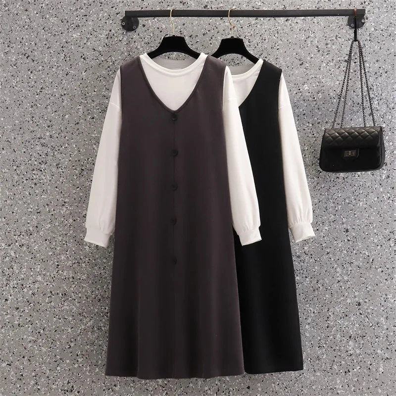 

EHQAXIN New Women Dress Suit Fall Winter 2021 Loose V-Neck Button Vest Knit Dress + White Casual Top 2 Piece Set L-4XL