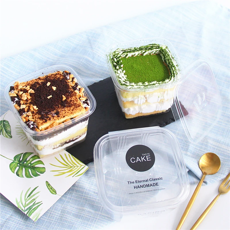 

50pcs High quality square transparent fruit cake box ice cream dessert salad creative takeaway packaging plastic cup with lid