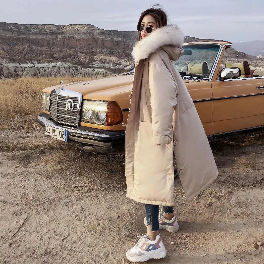 

Photo Shoot 2018 Winter Side Edge Button Slit Workwear Cotton Coat Hooded Model Large Fur Collar Elegant Cotton Overcoat Women's
