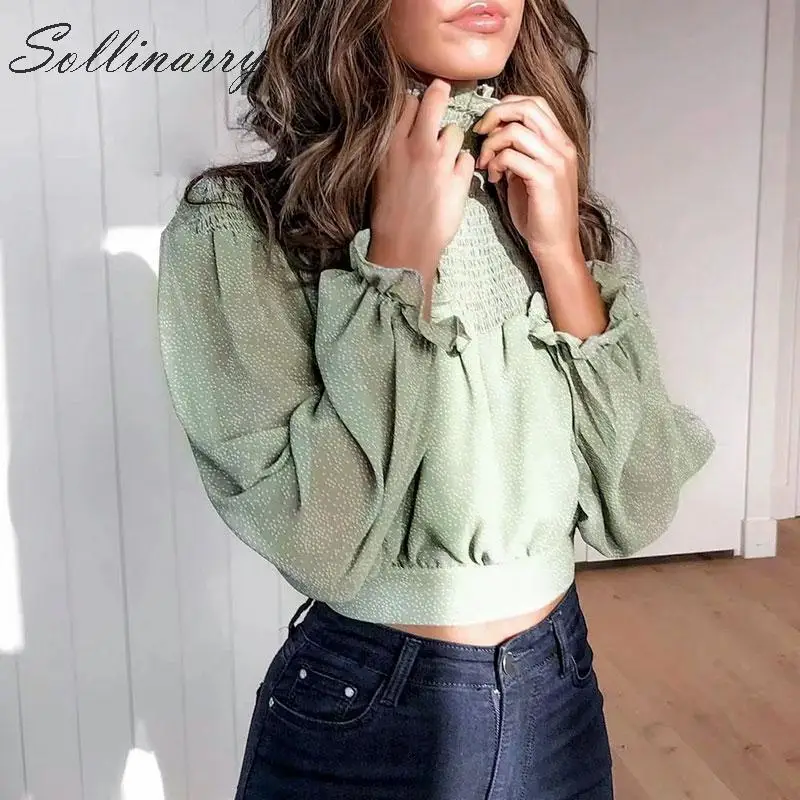 Sollinarry с воротником-стойкой Женский Короткие блузки рубашки 2019 Twist Ruffles осенние
