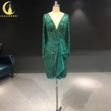 Rhine real Pictures роскошное зеленое, с длинным рукавом, v-образным вырезом, Блестками, Бисером, роскошное до колена, арабское длинное вечернее платье