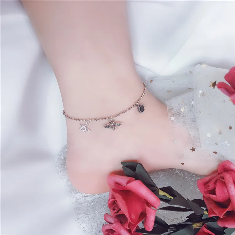 

S925 Fine Silver Simple Retro Black Diamond Bees Anklet Delicacy Versatile Star Hollow out Multi-Element jiao shi pin