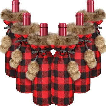 

6 Pieces Christmas Buffalo Plaid Wine Bottle Covers Plaid Wine Bottle Holder Sweater Faux Fur Wine Bottle Pouch Bags