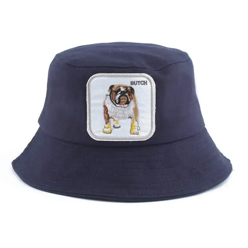 Animal Butch dog Embroidery Panama Black White Bucket Hat Bucket Hats Mens Outdoor Cotton Fishing Hat For Men Women Korean Hat