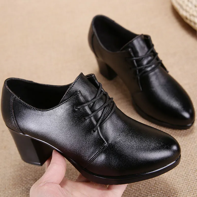

2019 Spring New Style WOMEN'S Genuine Leather Shoes round-Toe Chunky Heel Thin Drawstring Mom Shoes Casual Comfortable Shoes
