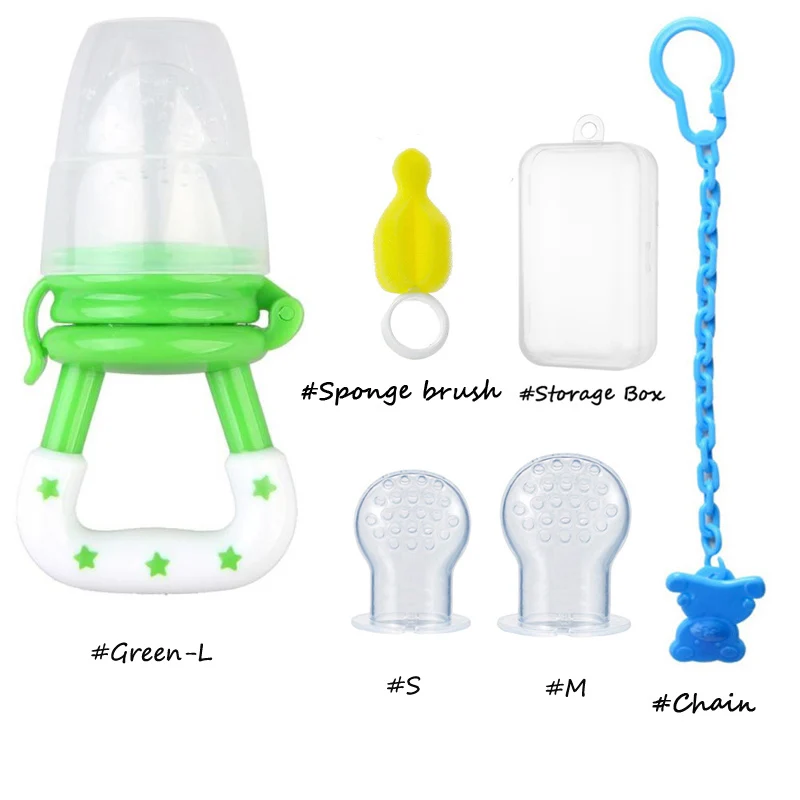 Green Set Силиконовая пустышка для детского соска, кормушка для малышей, фрукты овощи, коробка для хранения еды, пластиковая кисть для цепи, сетчатая сетка SML - Цвет: Green Set