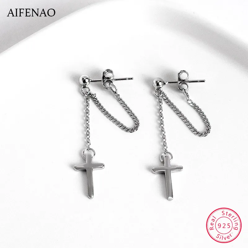 

925 Sterling Silver Stud Earrings For Women Girls Cross Chain Tassel Earrings Fashion Jewelry Lady Party Gift Pendientes Brincos
