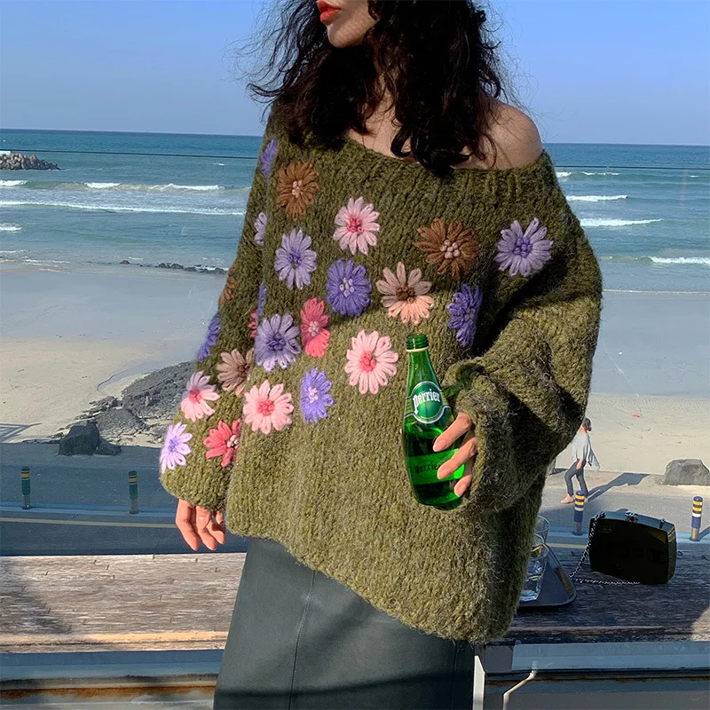  Women Army Green Oversized Sweater Fashion Round Neck Floral Embroidery Lazy Loose Mohair Sweater K