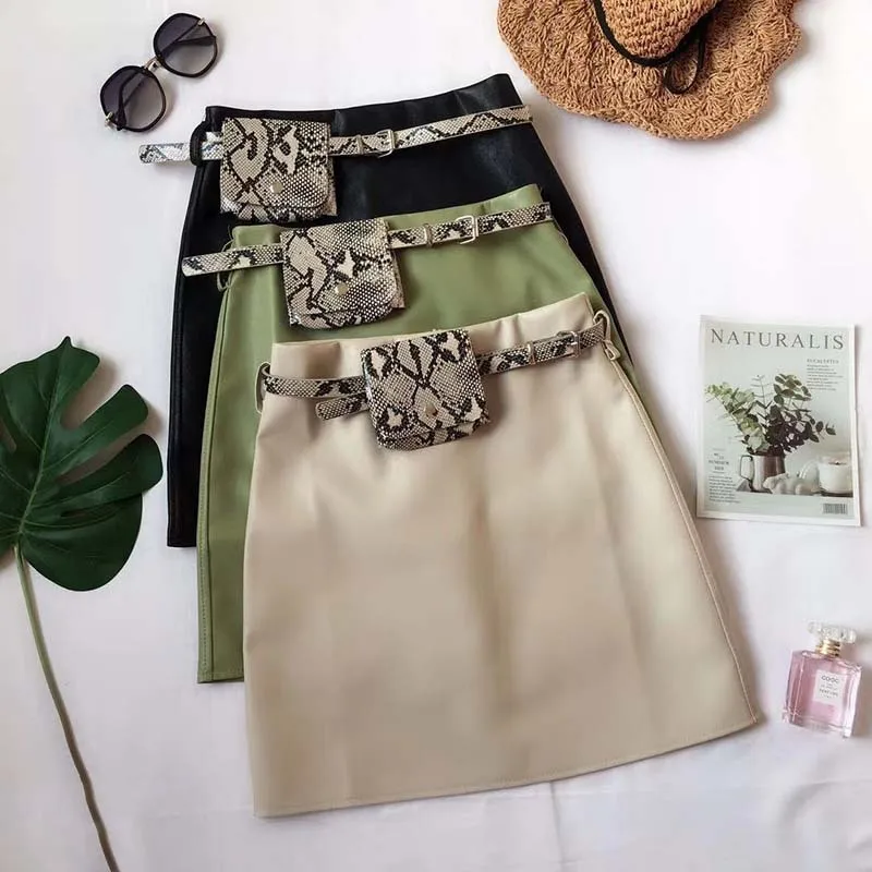 

[Attachment] Online Celebrity PU Leather A- line Dress with Snakeskin Wallet Leather Belt 2019 Korean-style High-waisted Signifi