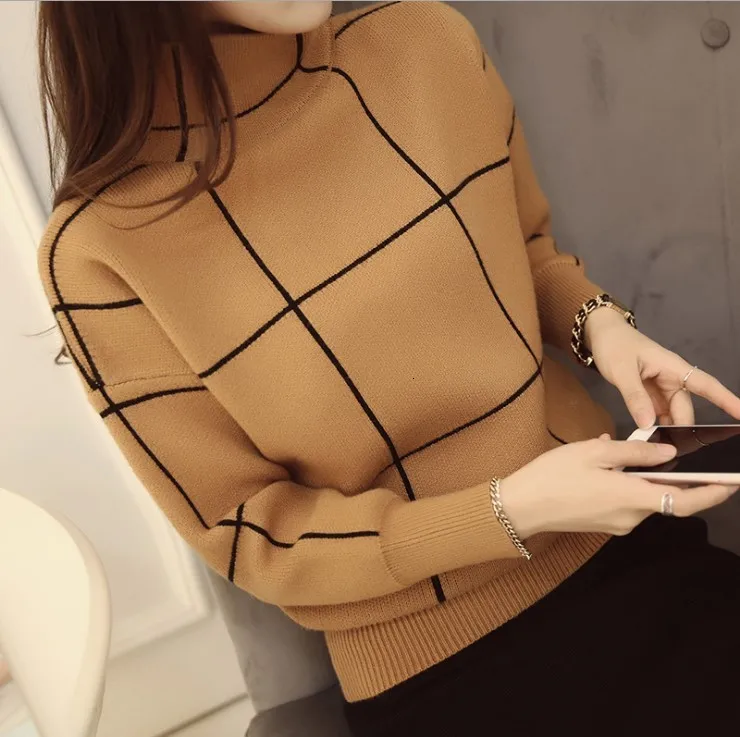 High Collar Thick Pullover Sweater Female Korean Version Of The Wild Plaid Knit Bottoming Top Women Fashion | Женская одежда