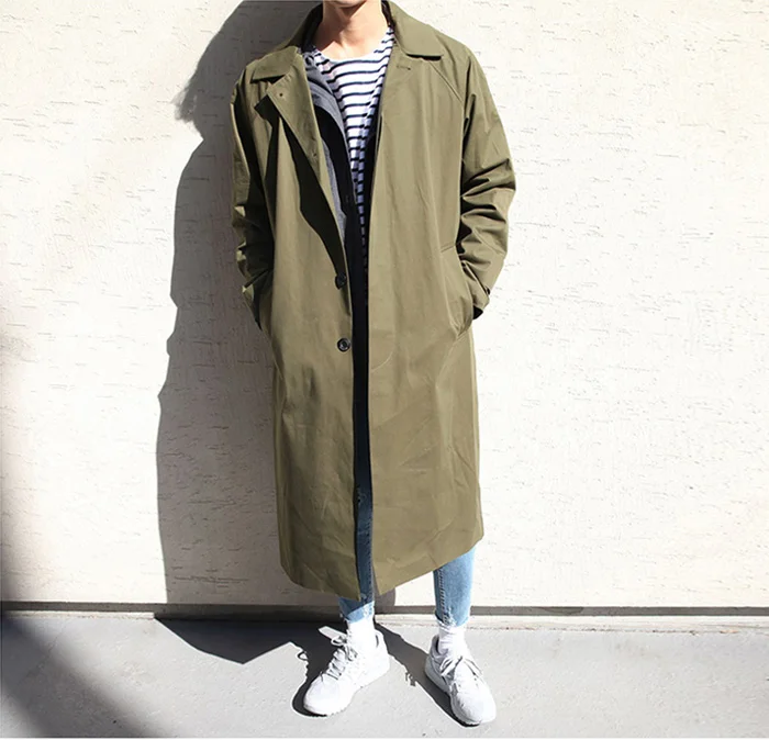 Mens Trench Coat Fashion Long Windbreaker Autumn Winter Single Breasted Windproof Overcoat Plus Size Japanese Style
