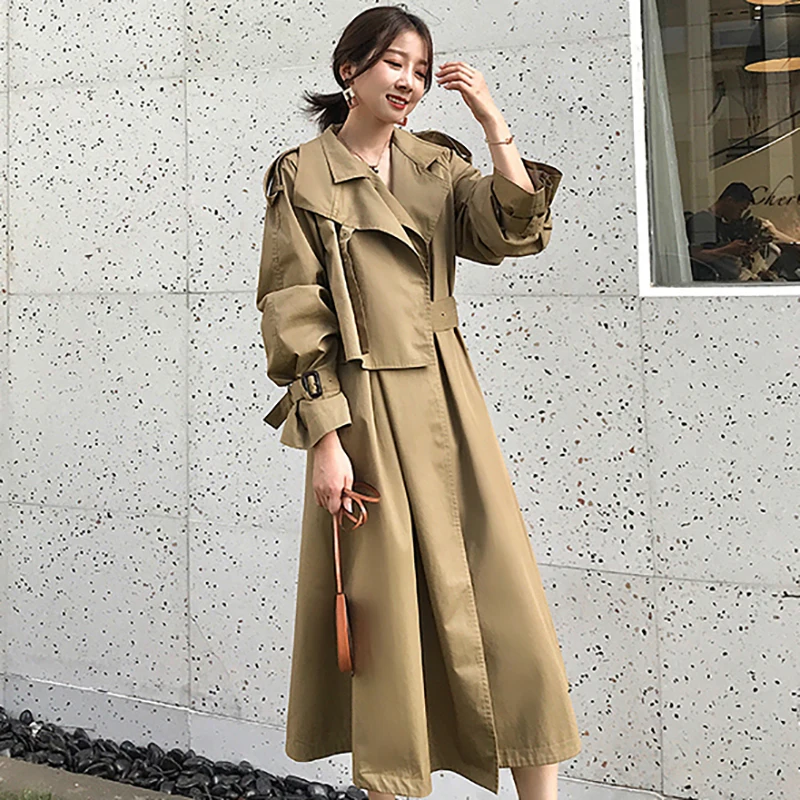 Women Trench Coat Autumn Casual Belt Waist Long Coat Turn Down Collar Long Sleeve Windbreaker Trench Fashion Outwear