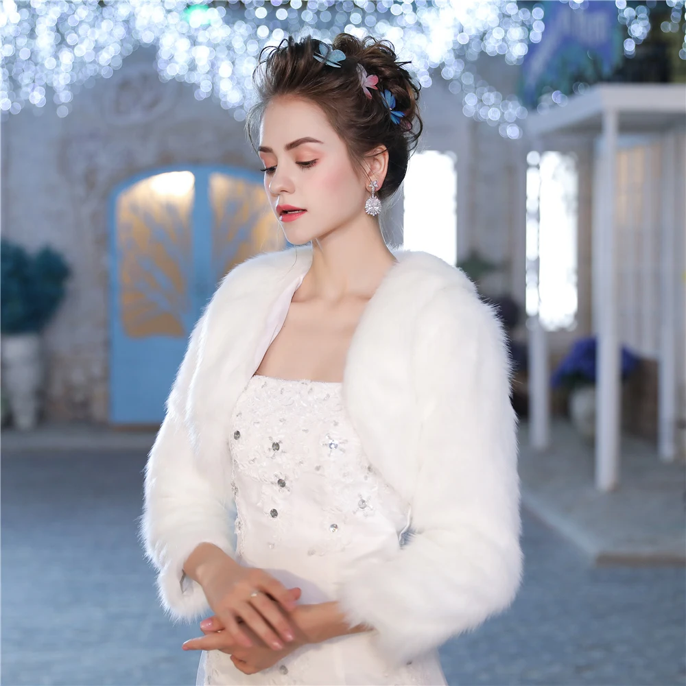 White Women Faux Fur Bolero Jacket Three Quarter Sleeve Coat for Wedding Bridal Bridesmaids Winter Warm Cover Up Wrap