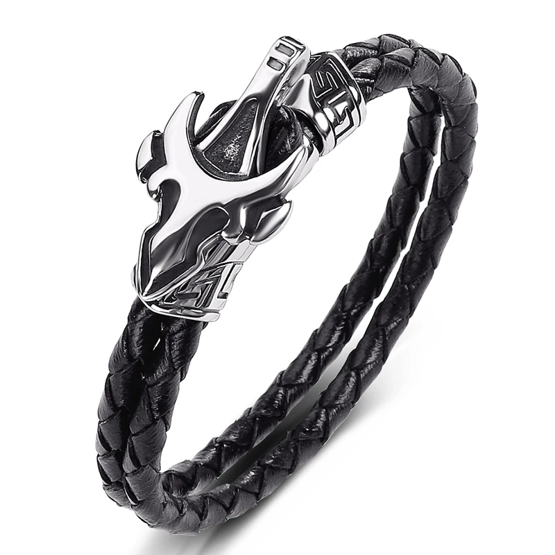

Fashion Stainless Steel Geometric Pattern Braided Leather Rope Bracelet Bangles Men Punk Rock Jewelry Male Weave Wristband P536
