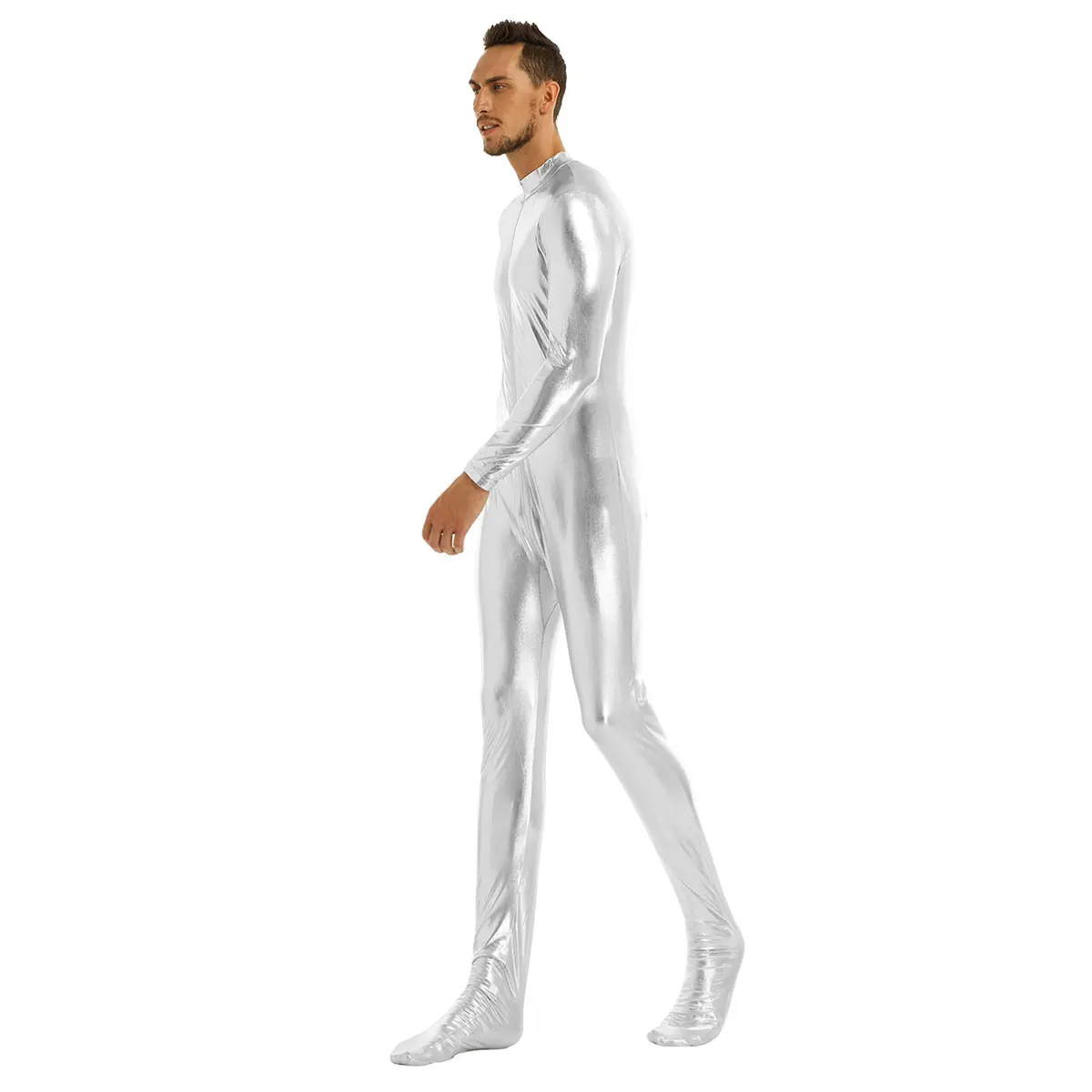 Mens One-piece Nightculb Leotard Shiny Metallic Round Neck Long Sleeves Closed Toe Stretchy Full Body Leotard Bodysuit Clubwear