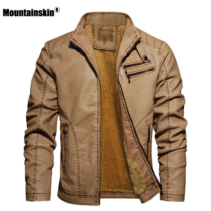 Мужская кожаная куртка Mountainskin повседневная флисовая мотоциклетная из