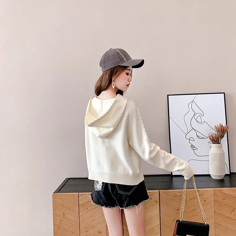 Pull femme nouveaute осенне-зимний свитер для женщин модный свитер с капюшоном и длинными рукавами, украшенный бисером пуловер женский свитер C244