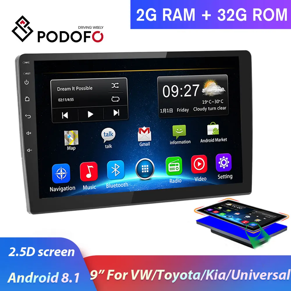 Podofo 2 din Android автомобильный Радио DIN Автомобильный мультимедийный плеер 2.5D GPS 9 &quotАвтомобильный Автомагнитола