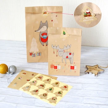 

12Sets Christmas Kraft Bag Gift Pack Holiday Packing with Xmas Tree Stickers Reindeer Fox Cute Animal Paper Treat Bag